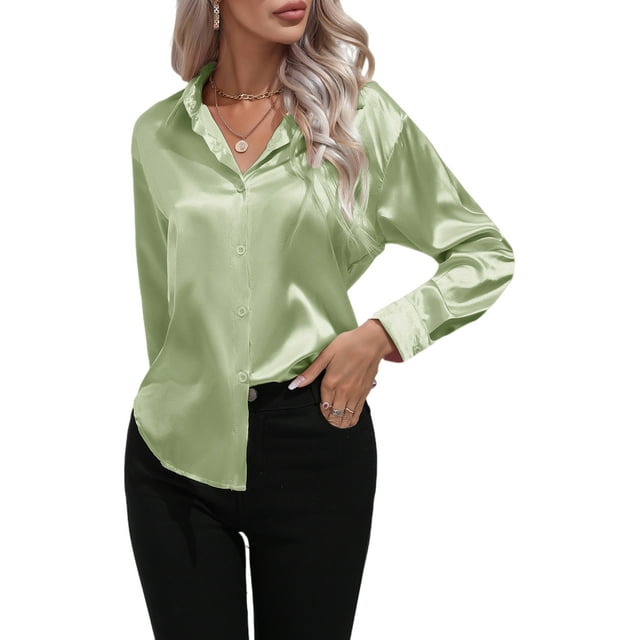 Daeful Blouse Tunique à Revers Hauts Chemises Boutonnées Femmes Décontracté Ample Chemise à Manches Longues Vert Clair TG