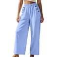 thumbnail image 2 of Lmueinov Womens Cotton Wide Leg Pants Elastic Waist Casual Trousers with Decorative Buttons Solid Color Flowy Long Pants for Summer Beach Vacation Clothes, 2 of 6