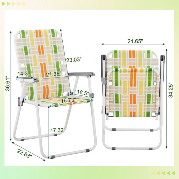 Alvantor 2 Pack Folding Beach Chair with Webbed Seat Steel Frame Armrests Yellow Green