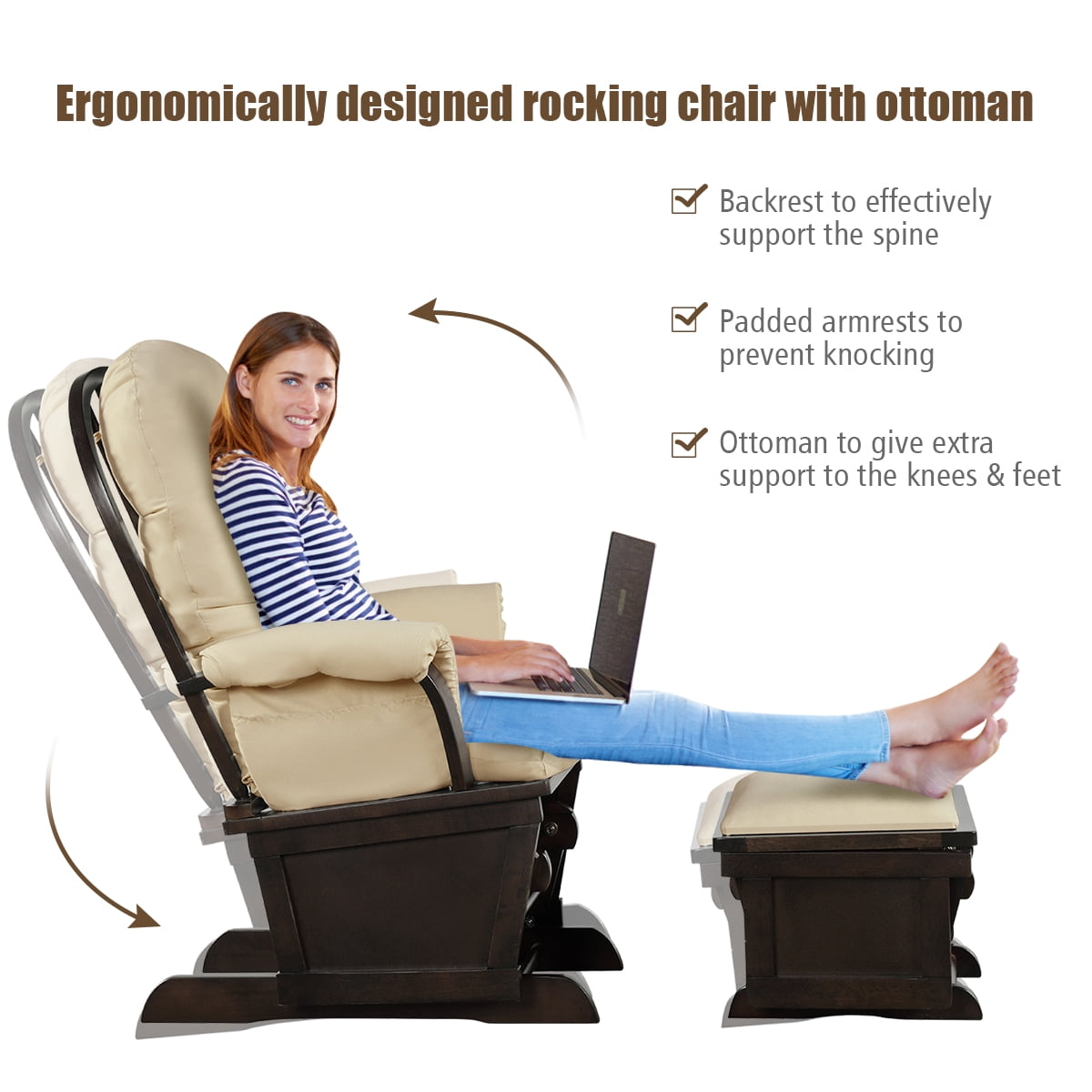 Topbuy Ergonomic Rocking Chair Baby Nursery Chair Glider with Ottoman Light Beige