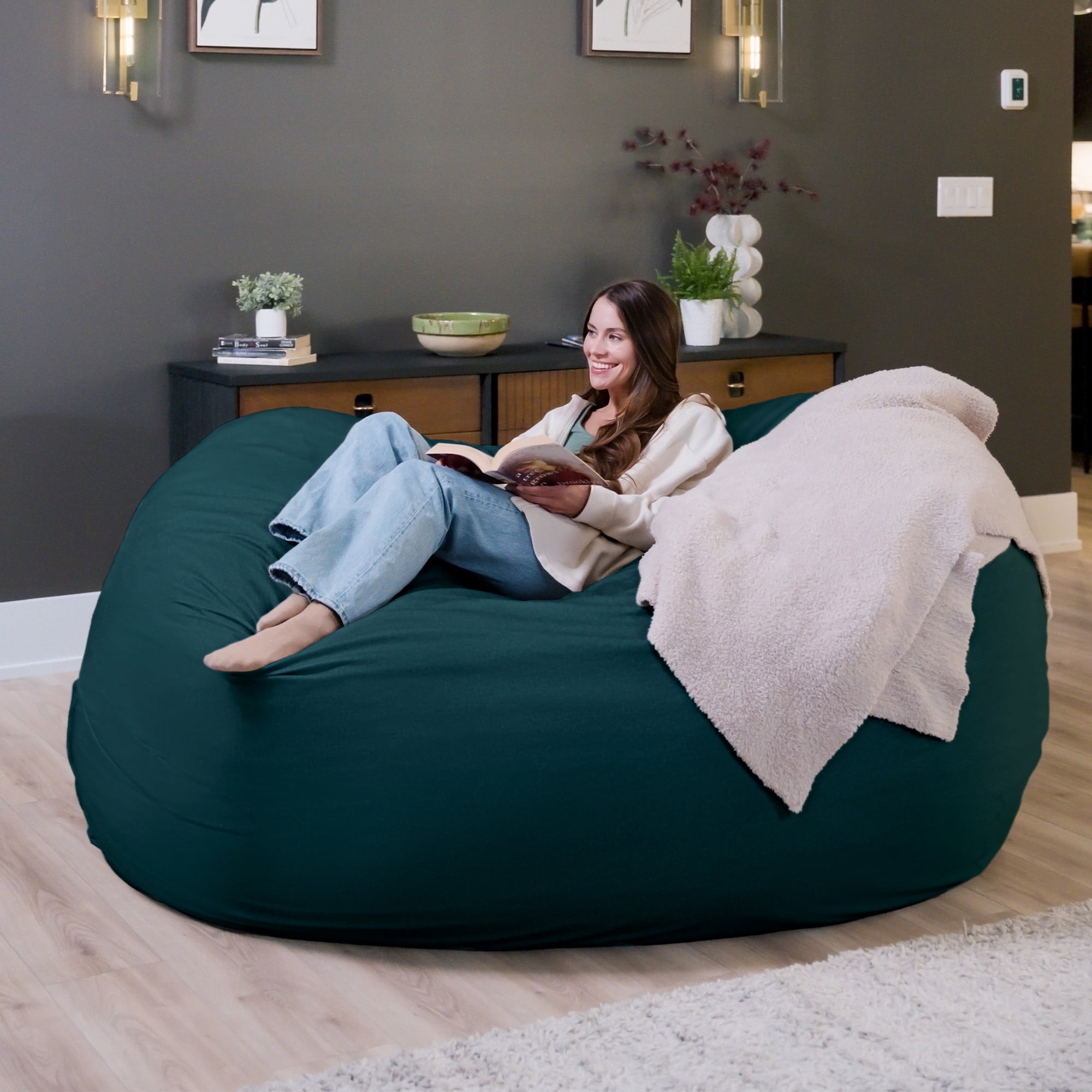 Big Joe Fuf 7Ft Giant Foam Bean Bag Chair, Oversized Couch with Removable Cover for Kids, Teens, Adults, Deep Sea Velveteen, Durable Woven Polyester, 7 Foot