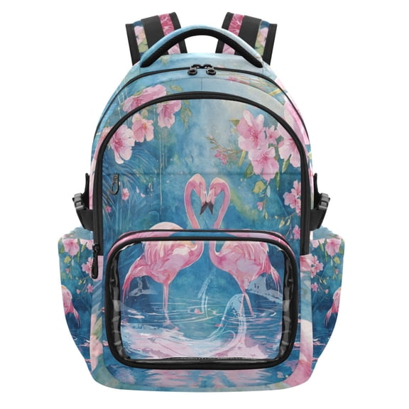 Qxltty Tropical Flamingo Backpack School Bookbag with Clear PVC Front Pocket, Laptop Compartment, Water Resistant Travel Daypack for Students