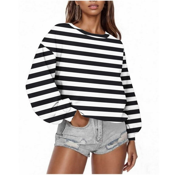 HOMBOM Oversized Sweatshirt for Women Winter Pullover Crew Neck Black Striped Lightweight Womens Tops