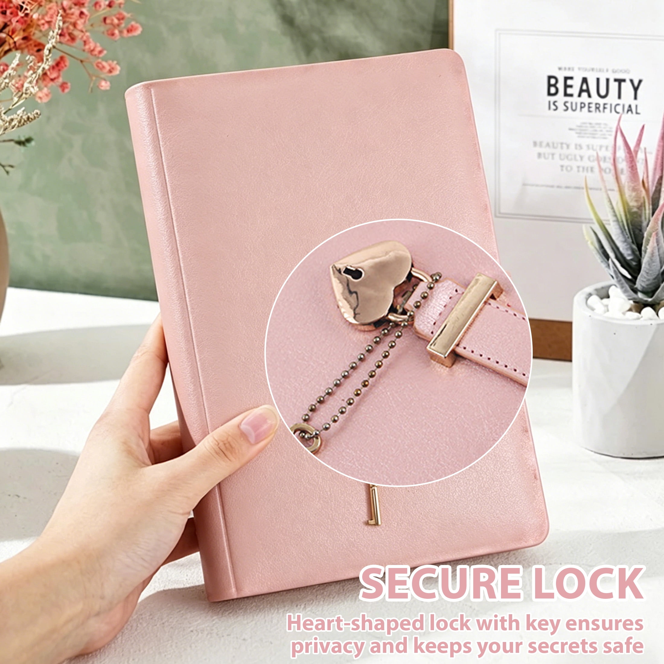 Lock Diary with Keys, B6 PU Leather Journal Notebook with Heart Lock, Lined Writing Journal with 144 Sheets for Personal Writing and Daily Use,Pink