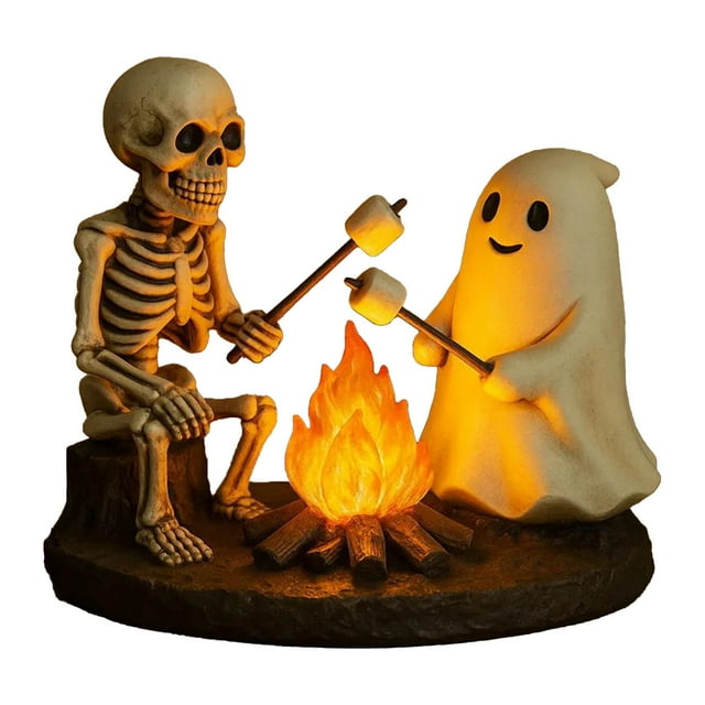 Estatua decorativa de resina con luz nocturna para fogata de Halloween, decoración espeluznante para dormitorio, hogar, sala de estar y estante.