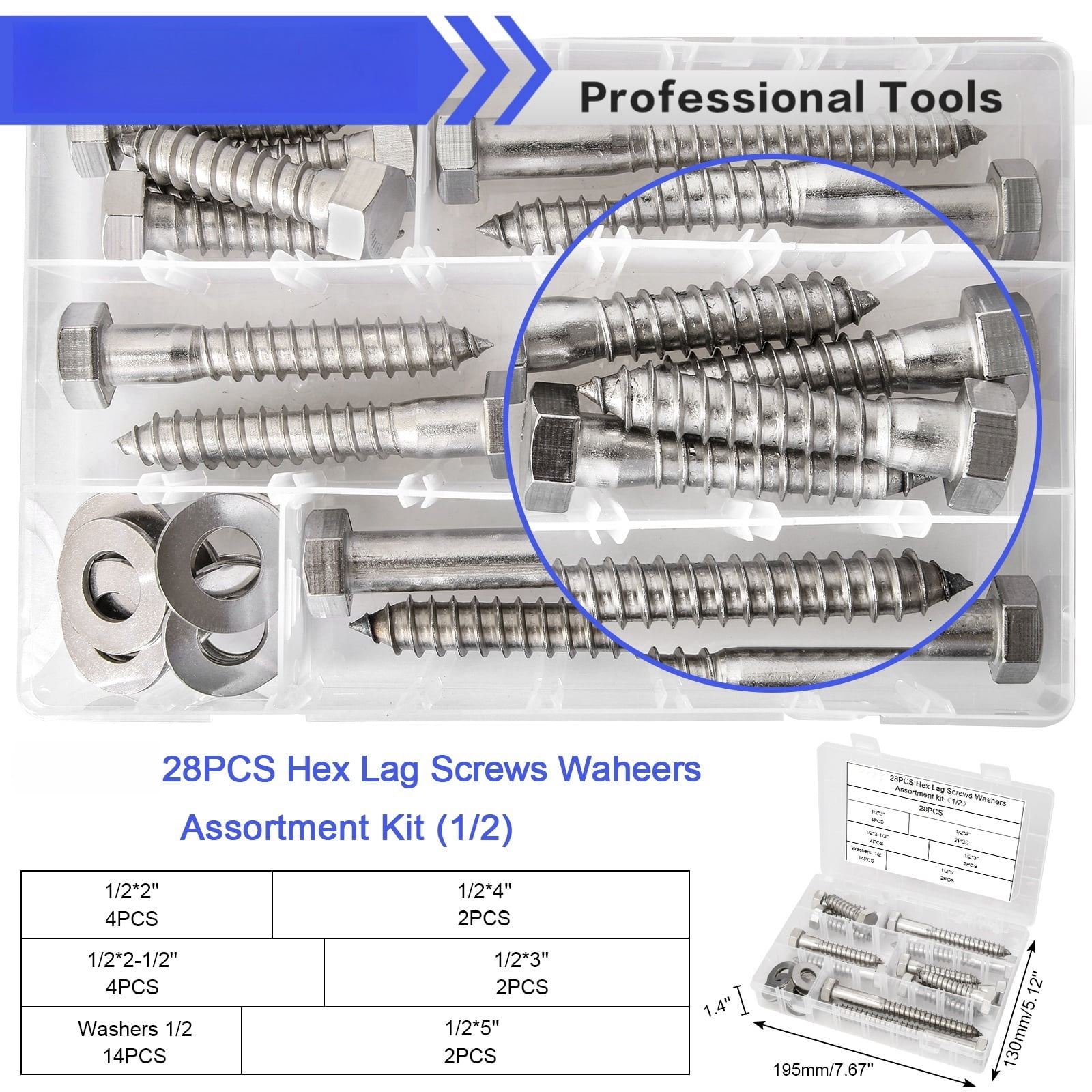 Glarks 201-Piece Stainless Steel Lag Screw Kit - 1/4 5/16 3/8 Hex Bolts With Washers