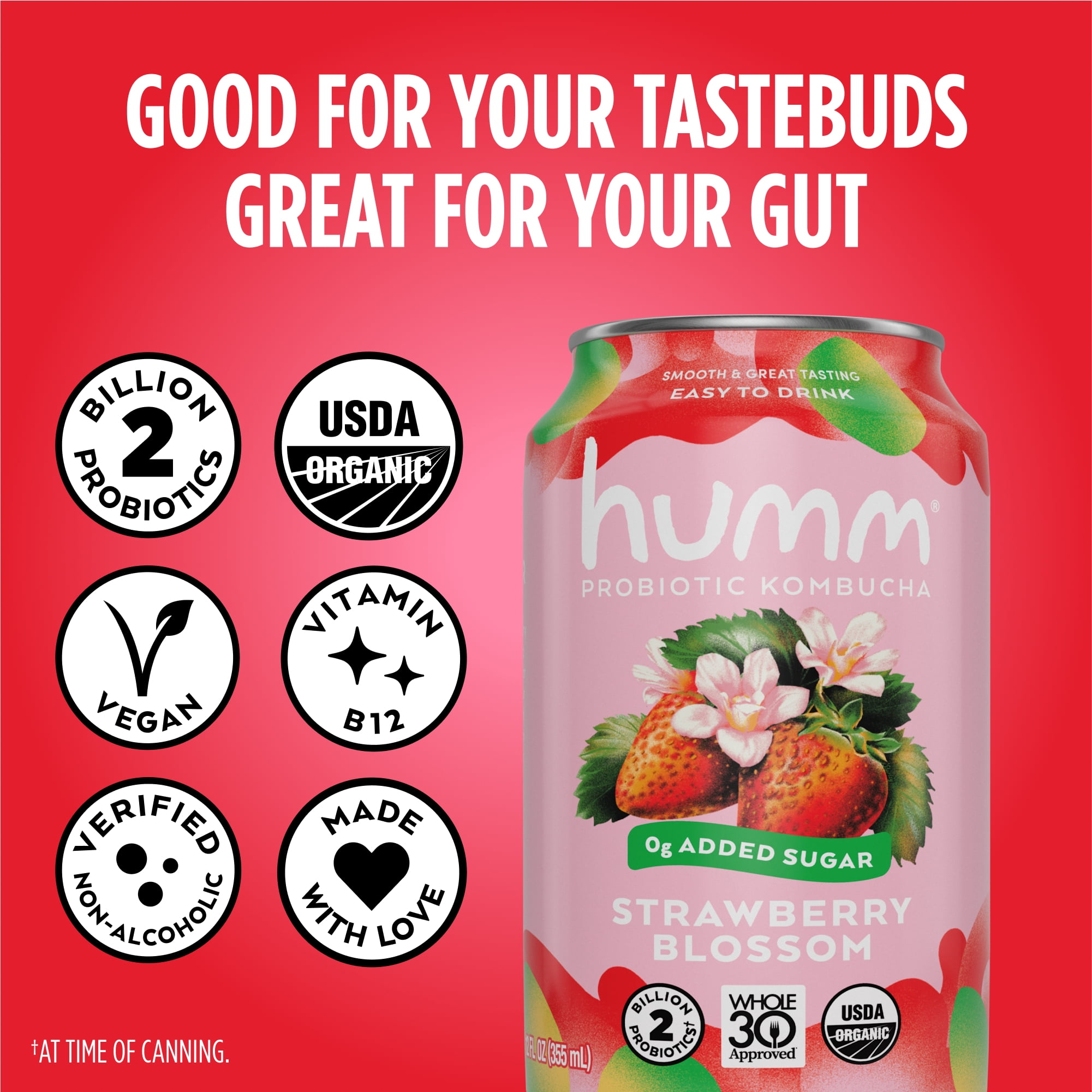 Humm Kombucha Whole30 Approved, Mixed Berries, 12-Pack, 12 oz Cans