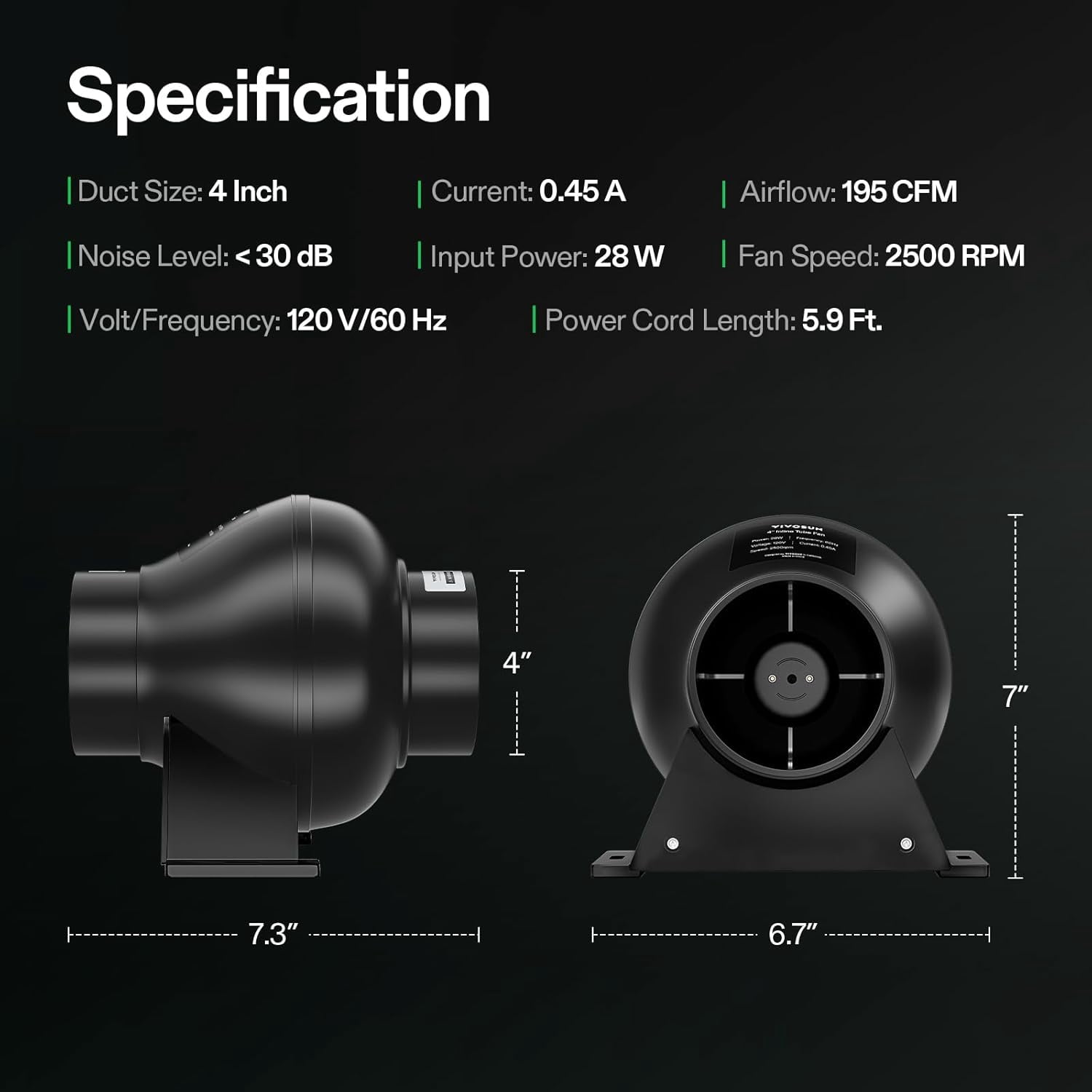 VIVOSUN 4" Duct 195 CFM Exhaust Fan, 2500 RPM Black