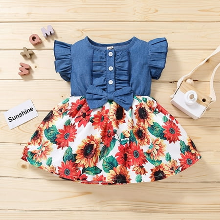 

Leutsin Toddler Baby Girls Bowknot Denim Splice Sunflower Leopard Print Princess Dress