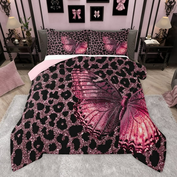 Manfei Gradient Pink Butterfly 2pcs Bedding Comforter Set for Teens Children Female,Leopard Print Twin Comforter Sets,Bling Glitter Breathable Bedding Set,Luxury Bedroom Decor,Reversible
