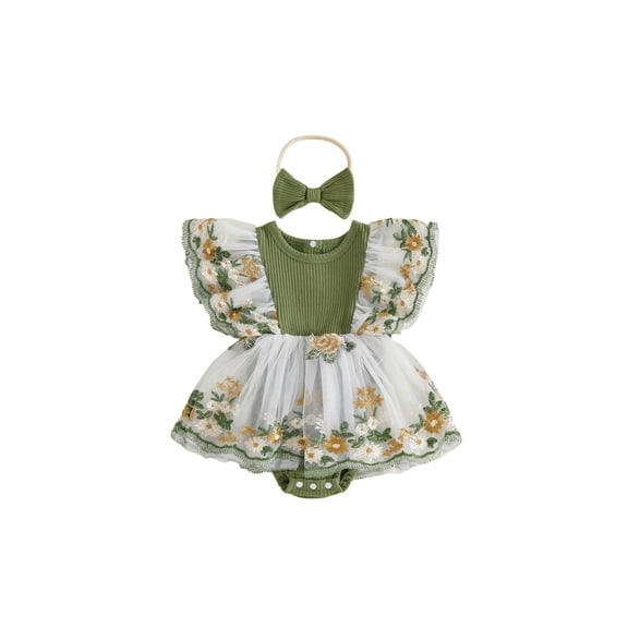 BemeyourBBs Baby Girls First Birthday Outfit 1st Birthday Party Dress Newborn Fairy Tulle Tutu Romper Dress Fly Sleeve Floral Embroidery Ribbed Bodysuit Princess Party Cake Smash Dresses Headband