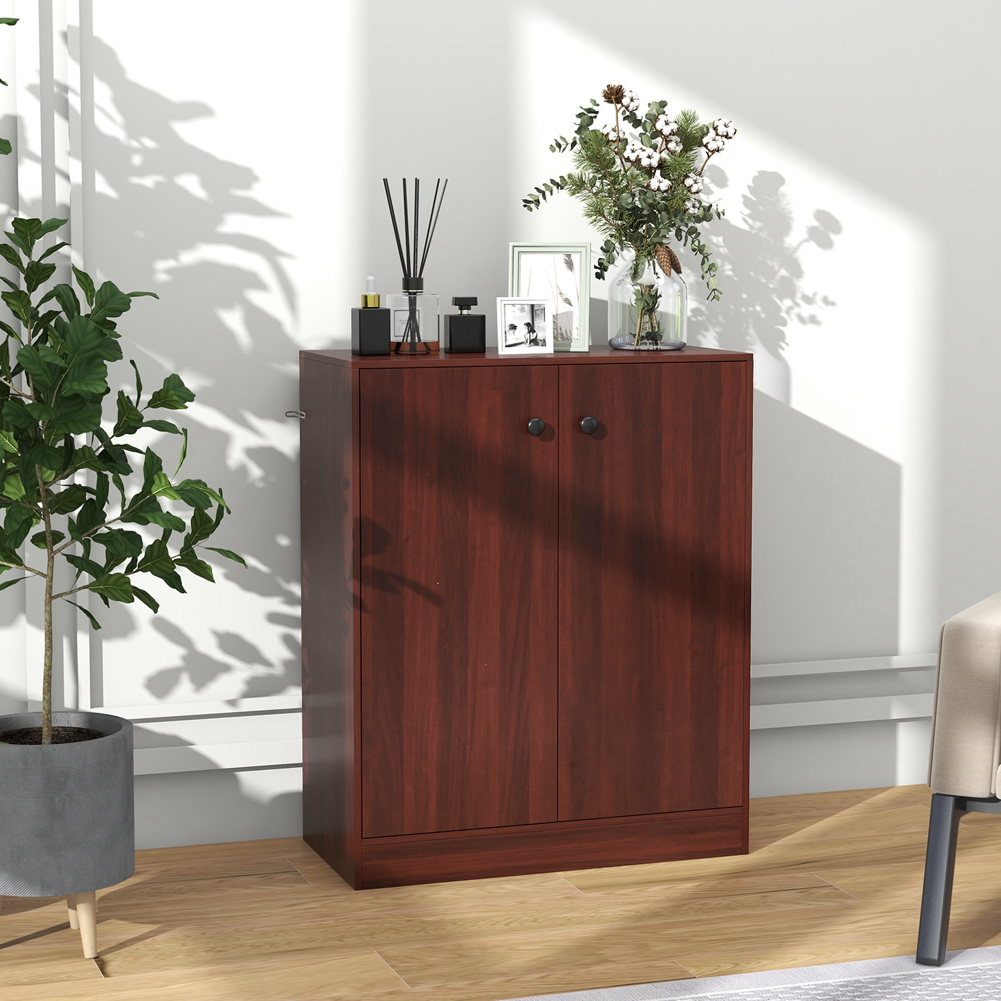 Costway 2-Door Storage Cabinet Freestanding Storage Organizer with 3-Tier Shelf Entryway Brown