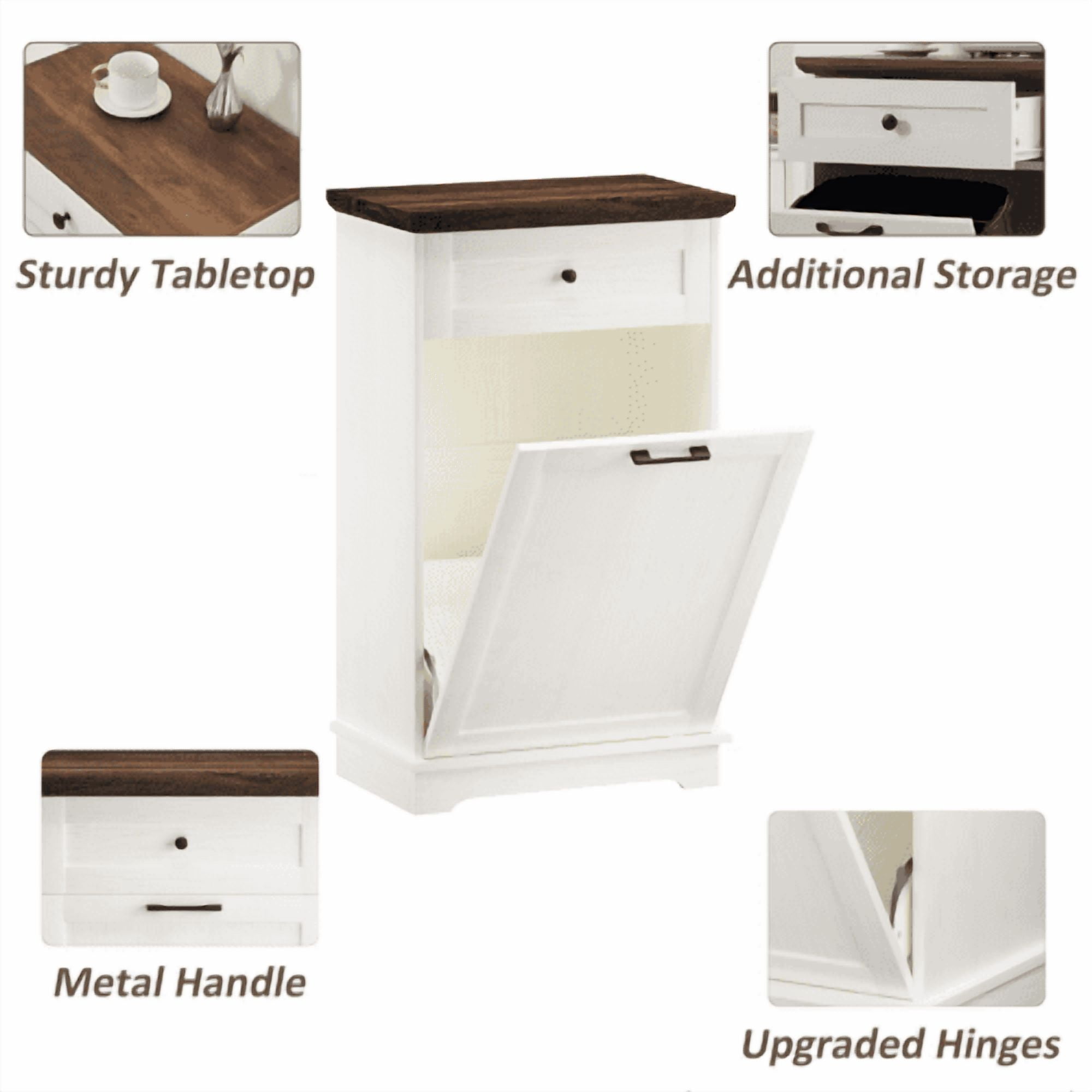 10 Gallon Tilt Out Trash Cabinet, Freestanding Wooden Garbage Recycling Bin with Hideaway Drawer, Pet Proof Trash Can Holder for Kitchen Living Room, Antique White (Trash Can Not Included)