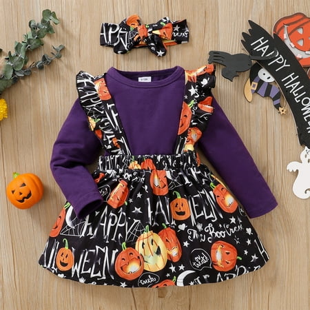 

PatPat Halloween 3pcs Baby Romper Set with Headband Long Sleeve Bodysuit with Suspender Swing Dress Holiday Baby Costume 0-18 Month