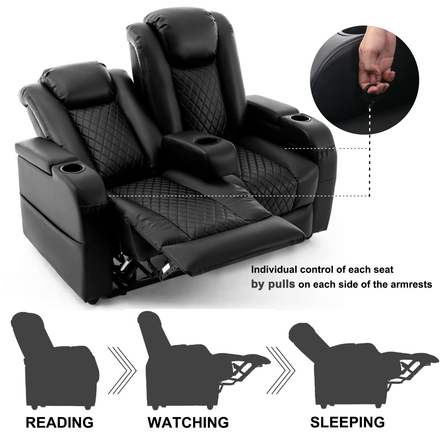 57" Loveseat Recliner, Recliner Sofa with 3 Cup Holders and 2 Pillows, Wall Hugger Recliners & 135° Reclining Loveseat (Black PU Leather Furniture)