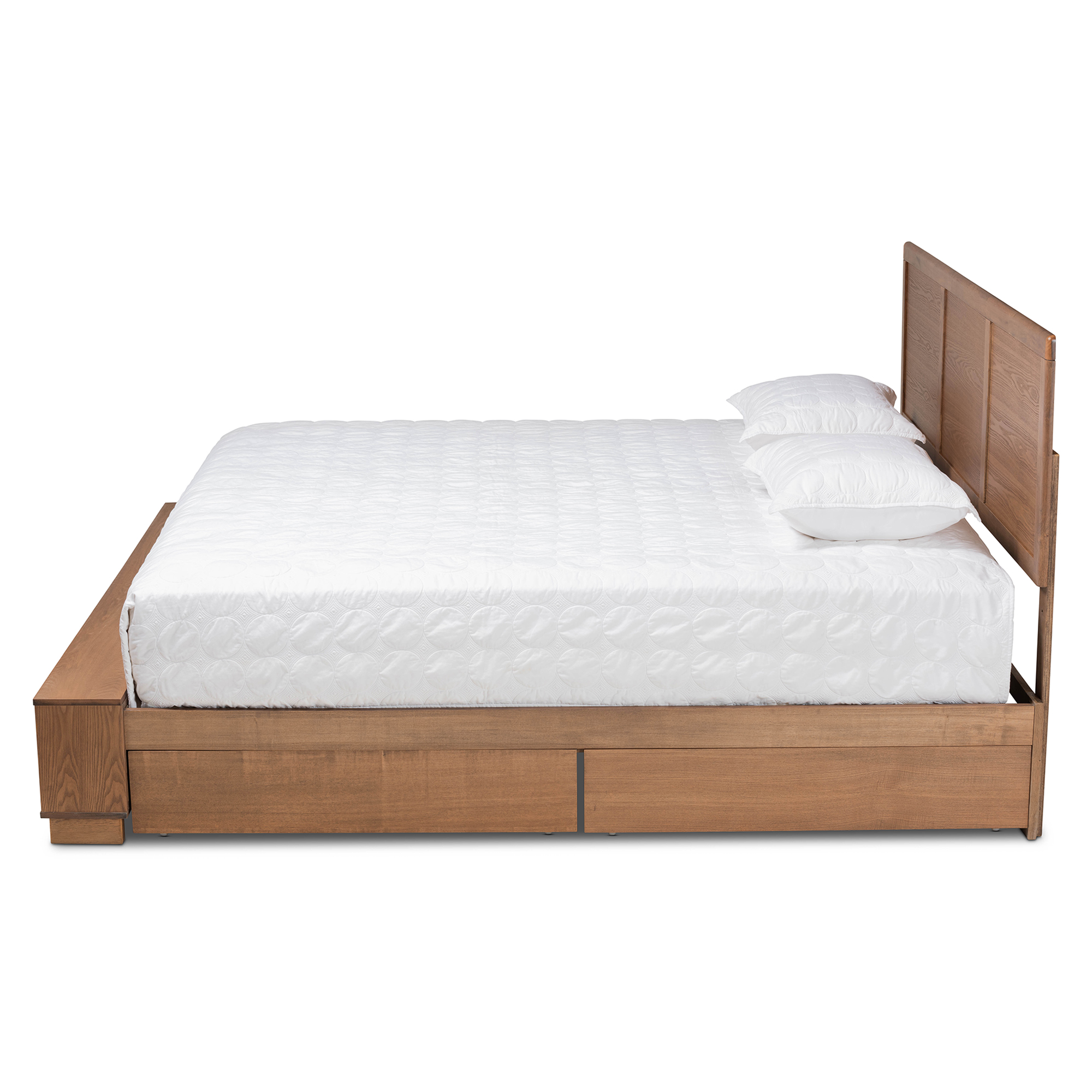 Baxton Studio Tamsin Modern Transitional Ash Walnut Brown Finished Wood King Size 4-Drawer Platform Storage Bed with Built-In Shelves