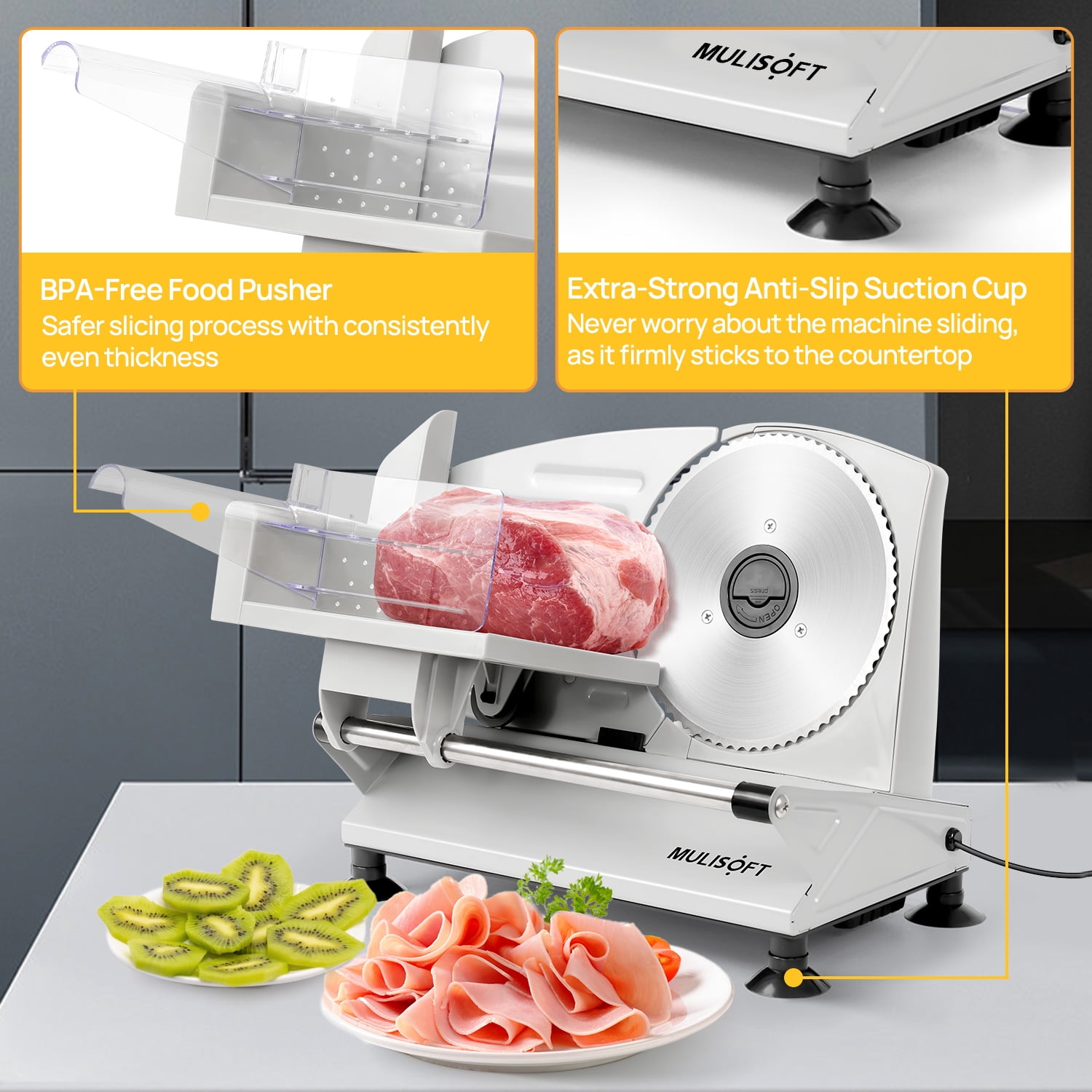 MULISOFT Meat Slicer, Meat Slicer Machine for Home Use, with 2 Removable Stainless Steel Blades, Adjustable Thickness Deli Slicer, Electric Slicer for Meat, Cheese, Bread, New