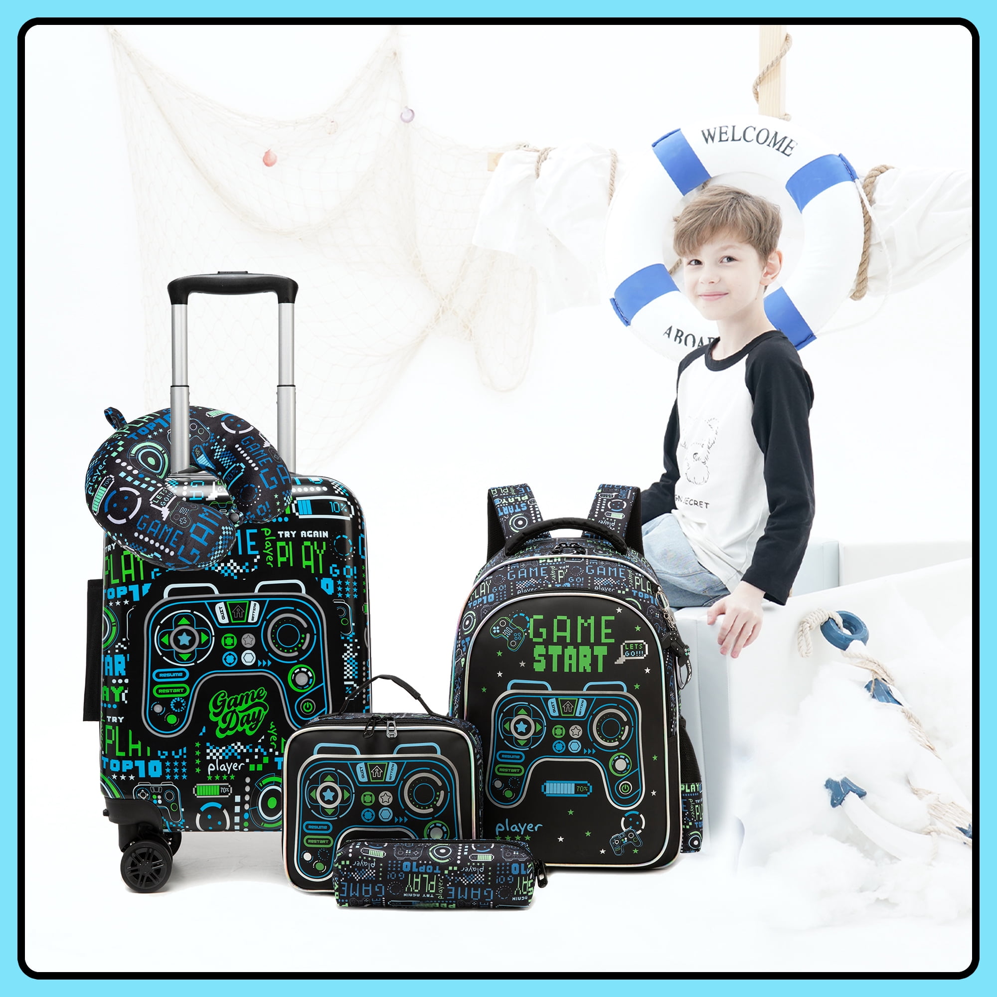 Kids Rolling Luggage Sets for Boys 5 Piece Suitcase Set with Travel Pillow Hardshell Suitcases with Wheels Airline Approved 16 inch