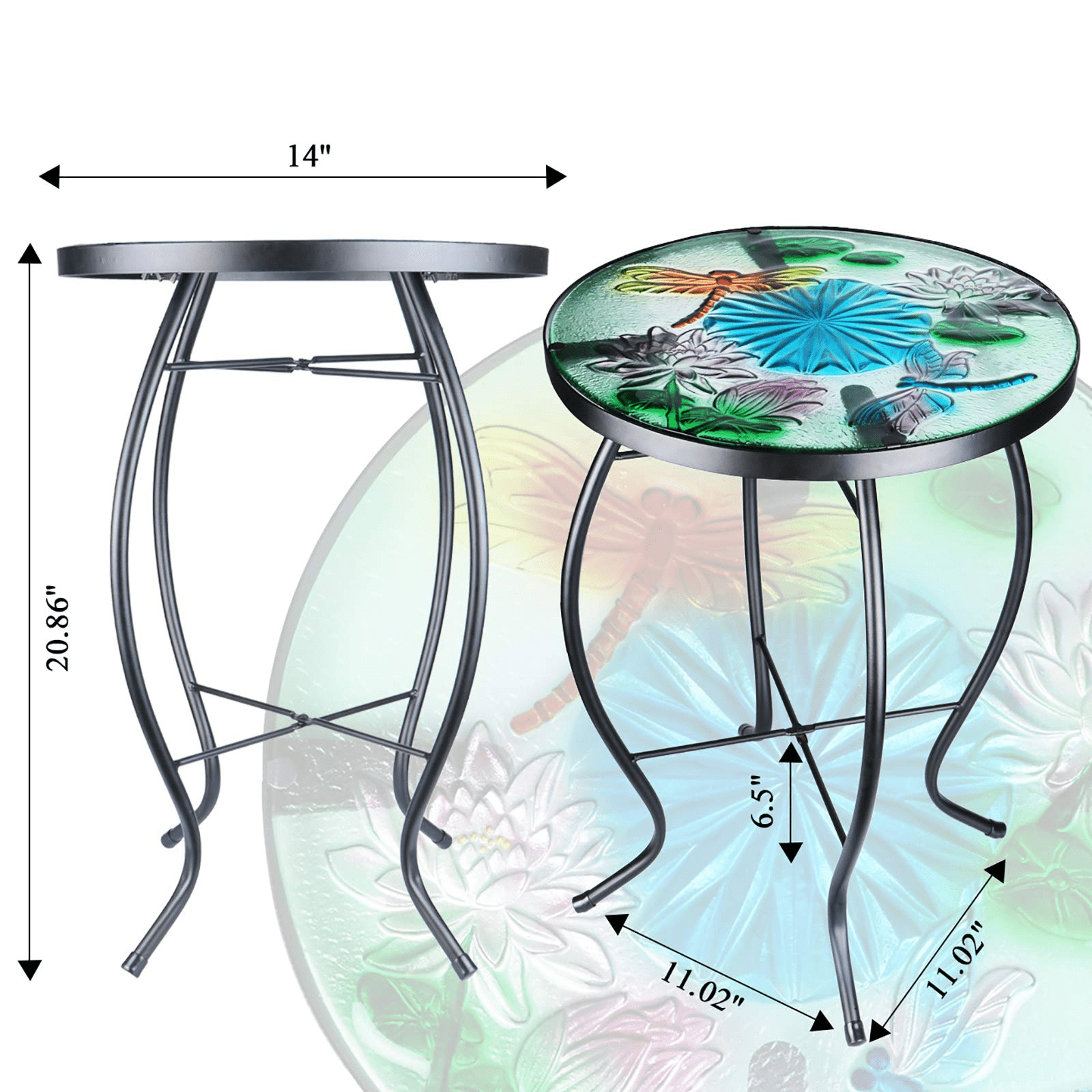 Mosaic Patio Side Table Outdoor Accent Table Bistro Coffee Table Plant End Table Small Porch Table Indoor Round Glass Balcony Hummingbird Plant Table Stands