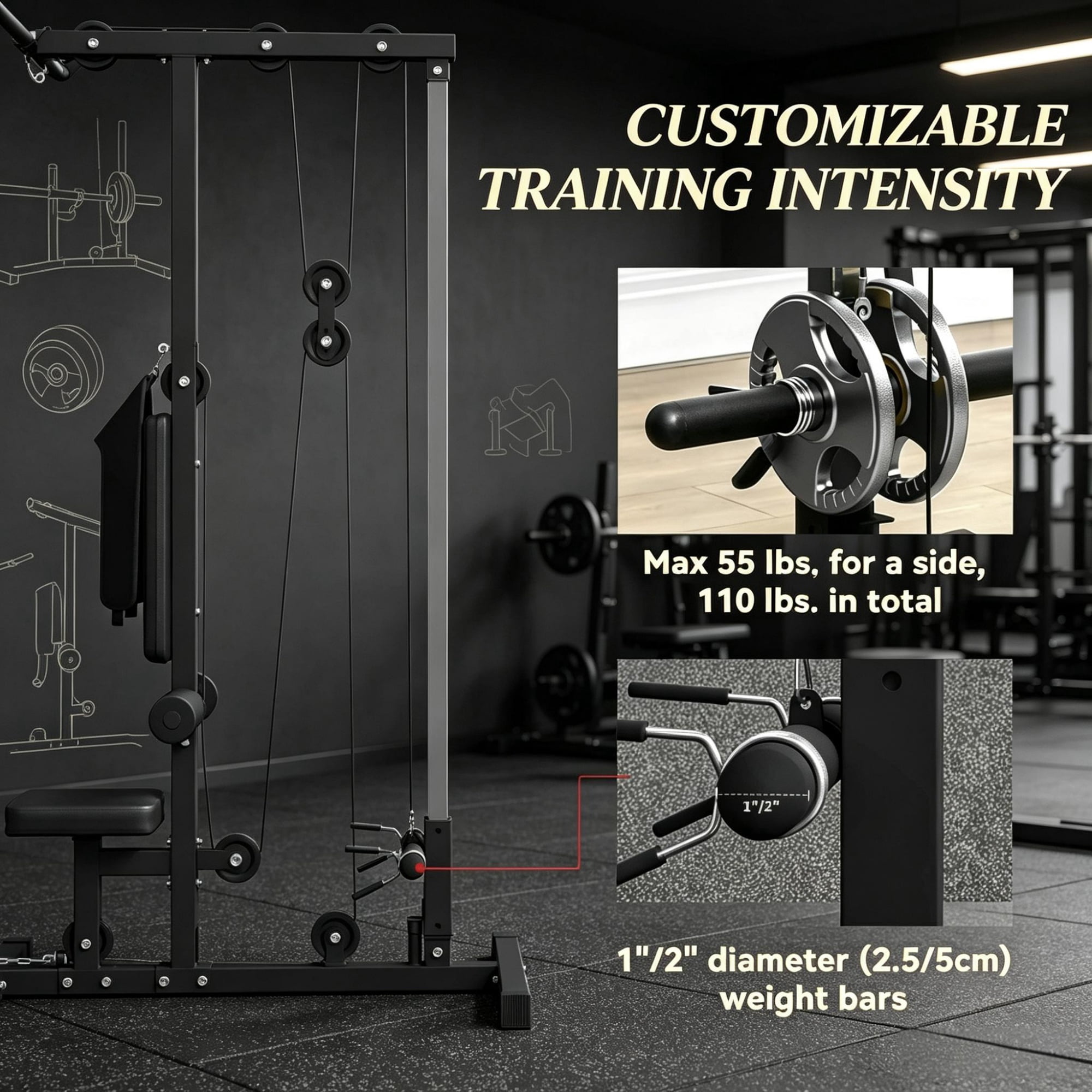 Pull Down Machine with Adjustable Seat And Flip-Up Footplate High/Low Pulley Home Gym Equipment Black