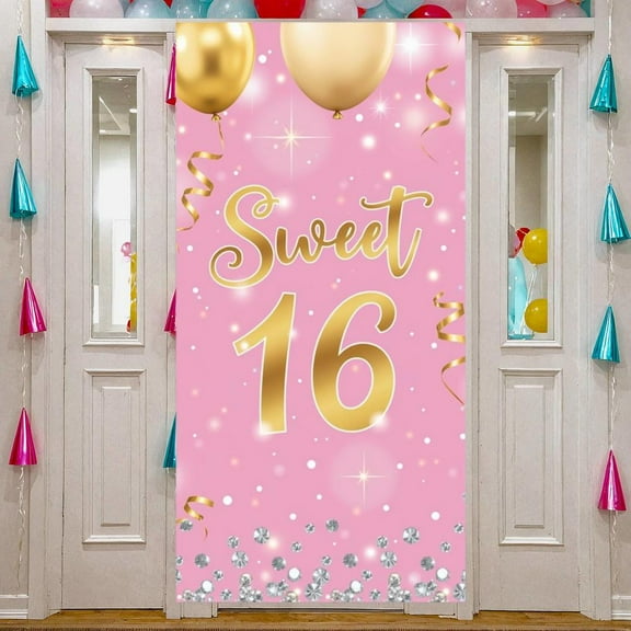 Pink Theme Happy 16th Birthday Banner Gold Glitter Sweet 16 Banner Decor Star Pattern 16th Birthday Party Banner for Sweet 16 Party Teen Birthday Celebration Girls Party