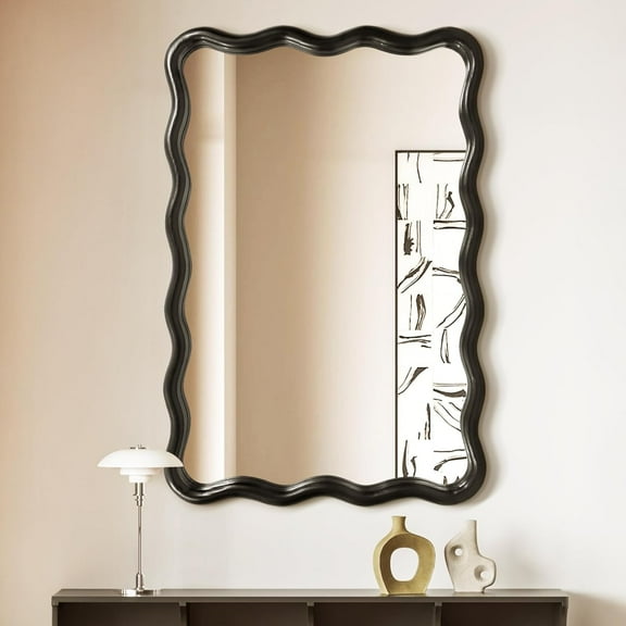 Wavy Mirror Black Solid Wood- Squiggly Mirror Vanity Mirror Wall Decor Modern for Bathroom, Bedroom, Living Room, Dining Room, Cloakroom, Entryway