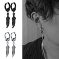 thumbnail image 2 of GKNET Mens Womens Stainless Steel Huggie Hinged Hoop Earrings with Dangling Feather ➳-black, 2 of 9