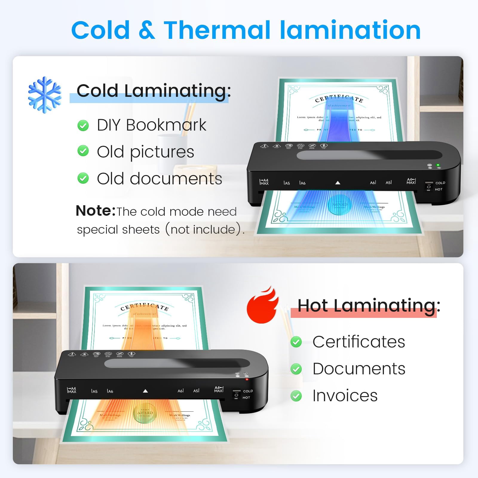 Laminator Machine, A4 Laminators Hot & Cold with 10 Laminating Sheets, 9 Inch Laminating Machine for Home, Office, School and Business