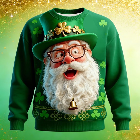 St Patrick's Day Sweatshirt Men Green clad Old Dwarf 3D Graphic Long Sleeve Crew neck Sweatshirt For Men Green S