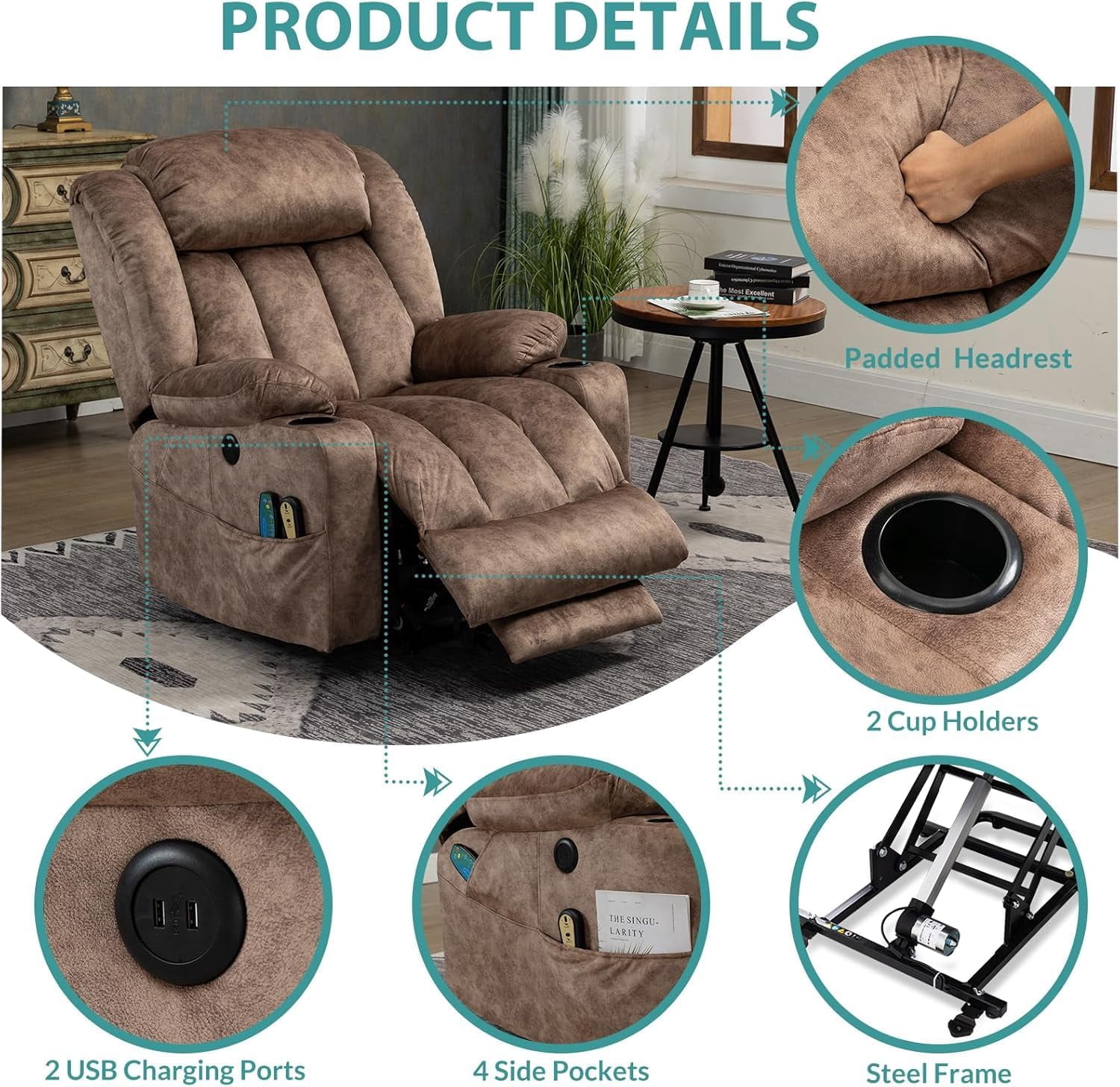 MEETWARM Large Power Lift Electric Recliner Chair with Extended Footrest for Big Tall Man, Overstuffed Wide Recliner with Heat and Massage, 2 Remote Controls/4 Side Pockets/USB Ports(Plush-Brown)