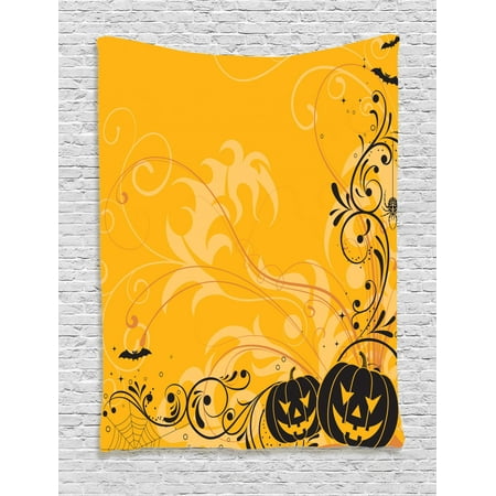 Halloween Tapestry, Carved Pumpkins with Floral Patterns Bats and Web Horror Jack o Lantern Artwork, Wall Hanging for Bedroom Living Room Dorm Decor, Orange Black, by