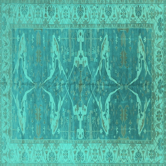 Ahgly Company Machine Washable Indoor Square Oriental Turquoise Blue Traditional Area Rugs, 7' Square
