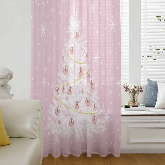 Pink Christmas Tree Semi Sheer Curtains Drapes for Living Room, Bedroom, French Doors Window 96 Inches Long, Winter Balls Snowflake Xmas Tree Rod Pocket Chiffon Curtain Drapery Voile Draperies Panel