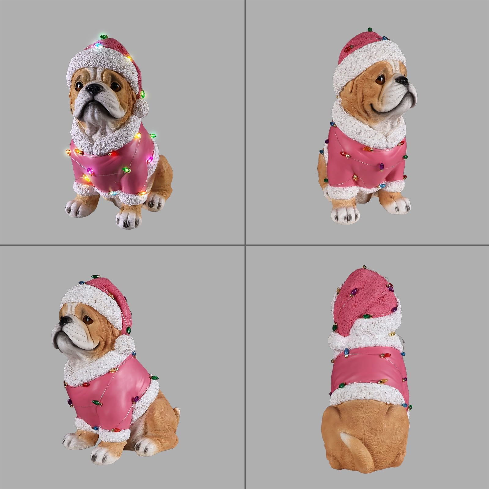 Pug Pink Santa Outfit Christmas Dog Statue with Santa Hat Bulb Accents Holiday Tabletop Decor