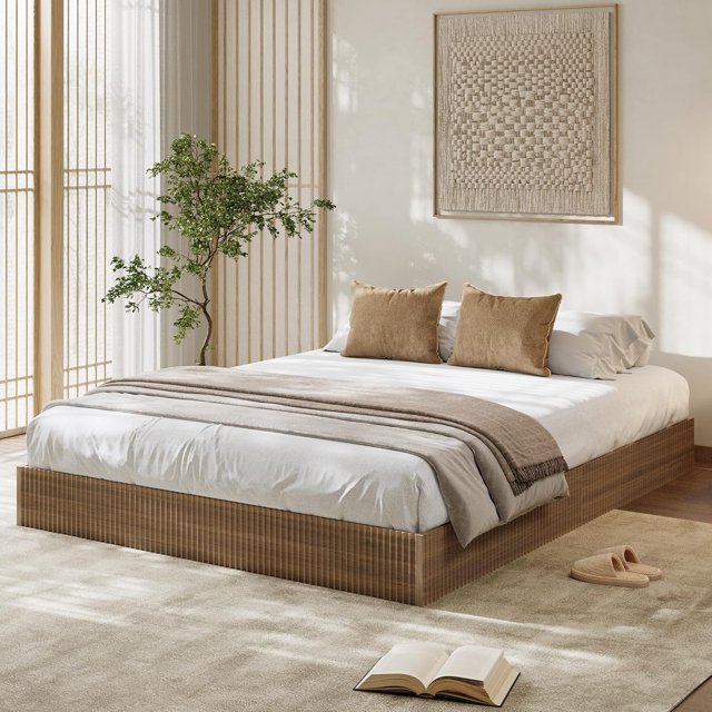 Full Bed Frame, Wood Platform Bed with Fluted Design, Low Profile BedFrame, Minimalist Bed Base with Noise-Free, Easy Assembly, No Box Spring Needed, Walnut