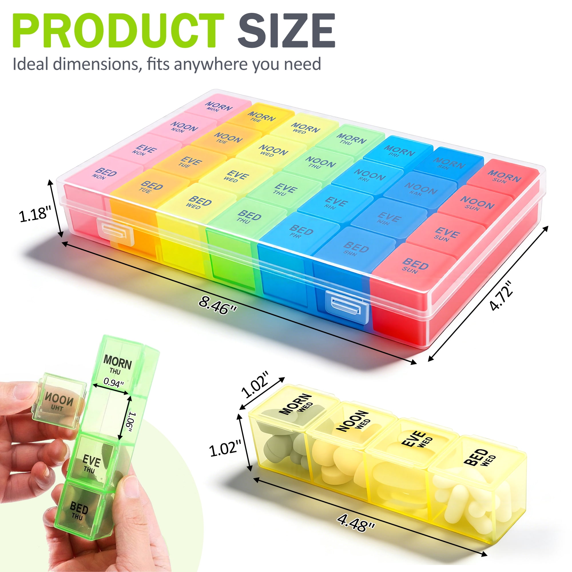 Weekly Pill Organizer 4 Times a Day, 7 Day Pill Box with 28 Compartments, Colorful Pill Case for Vitamins, Supplements, Medication