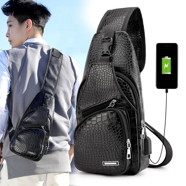 Sling Bag For Men Women,Leather Sling Bag,Shoulder Backpack Chest Bags Crossbody Daypack With USB Hole For Hiking Camping Outdoor Trip