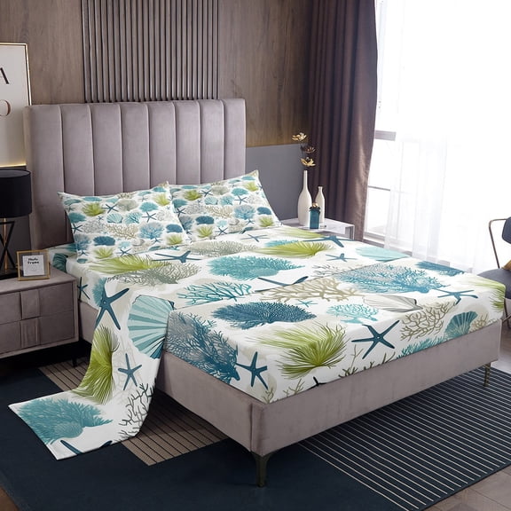 Erosebridal Ocean Coral Sheet Set Twin, Cute Starfish Twin Sheet Sets, Marine Plant Bedding Twin Size, Microfiber Bedroom Decor, 3 Pieces