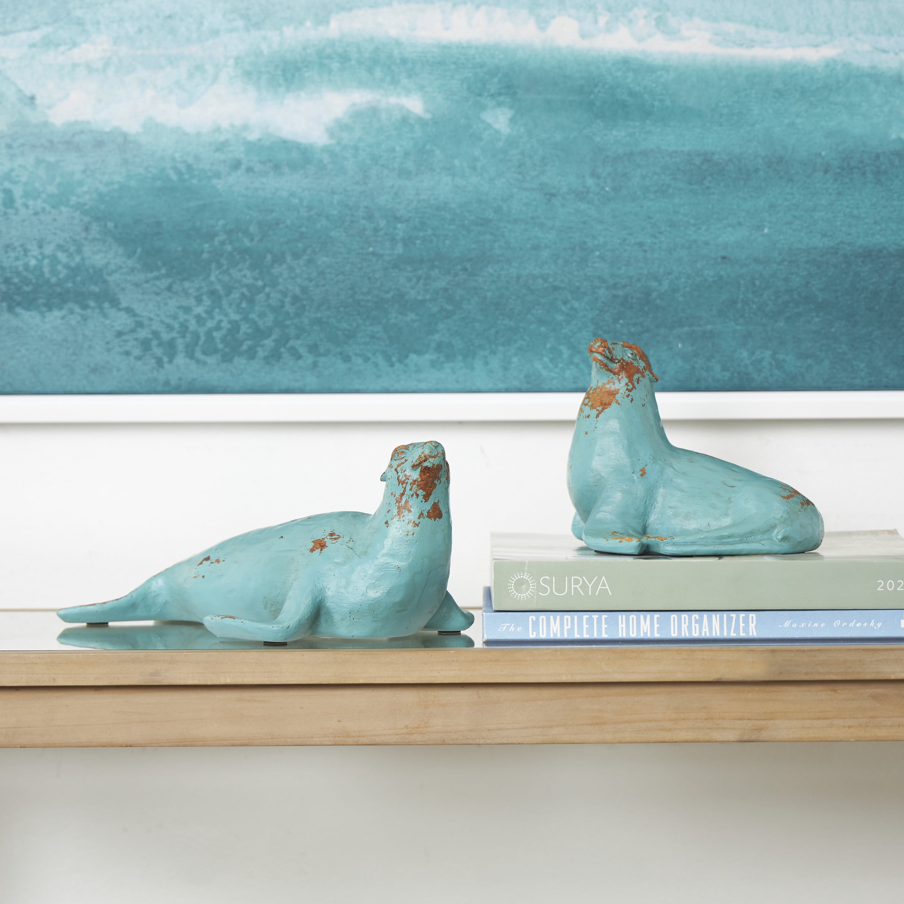 13", 7"W Teal Polystone Distressed Sea Lion Sculpture with Brown Wood Inspired Accents, by DecMode (2 Count)
