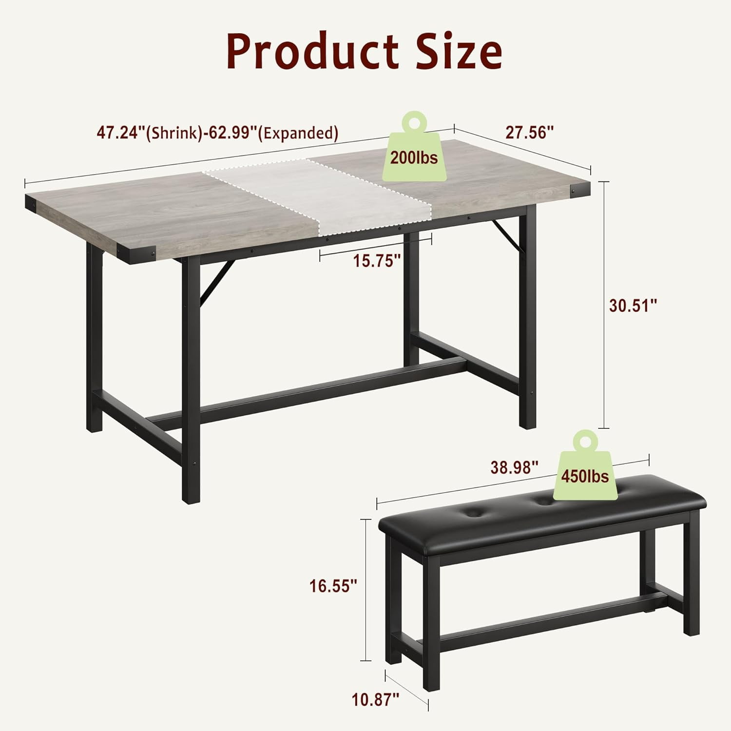 Extendable Dining Table for 4-6 Person,Wooden Dining Room Table,Modern 63" Extendable Table with 2 Upholstered Benches for Gatherings,Meeting for Small Kitchens Dining Office Areas