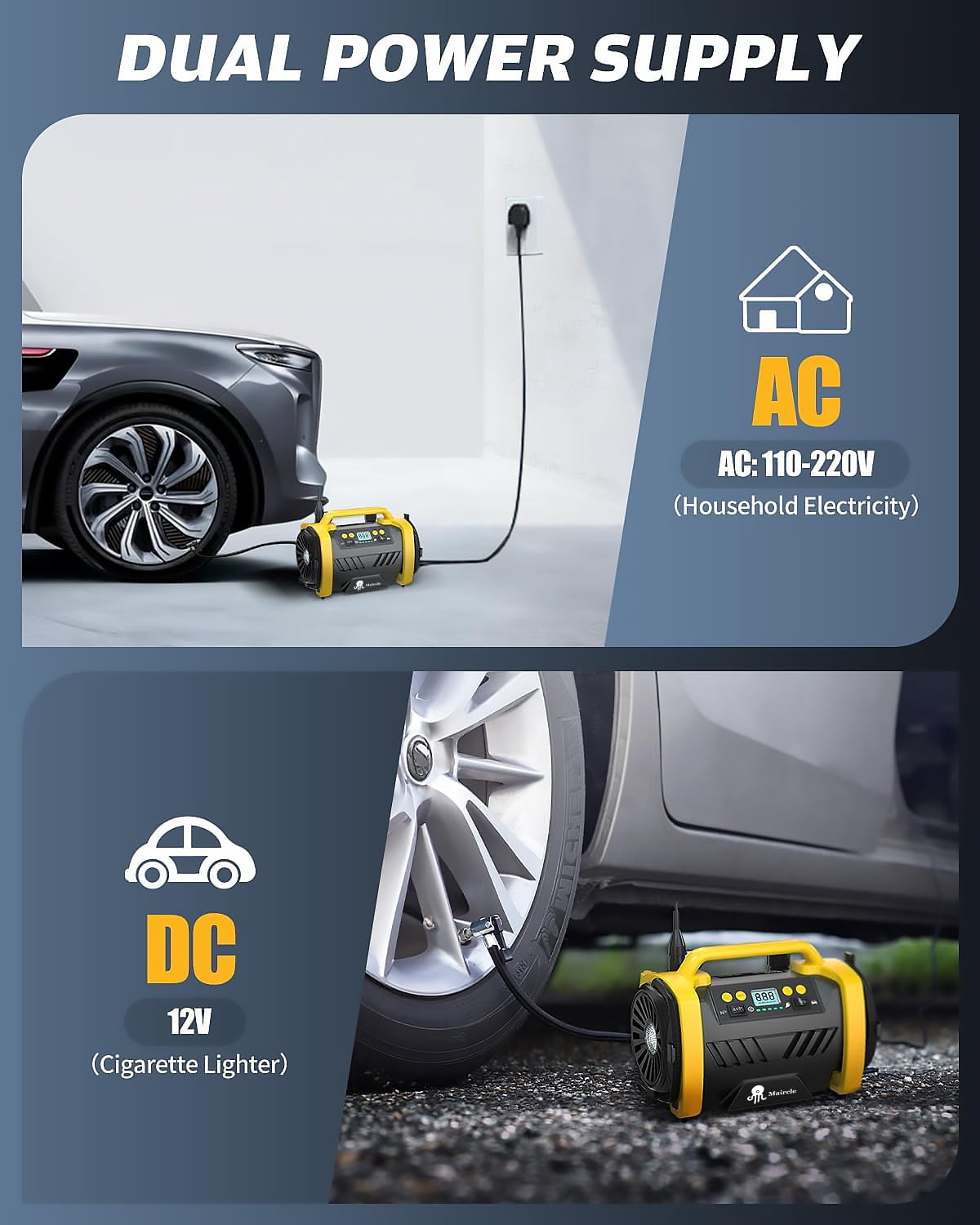 Maircle  AC/DC Tire Inflator, 3 in 1 Portable Air Compressor for Car Tires with Auto Shut-off, LED Light, 150PSI Air Pump for Cars, Balls, Motorcycles