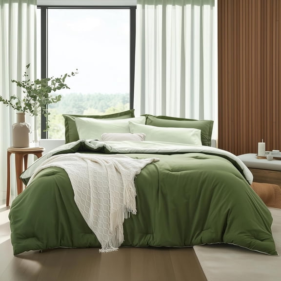 Queen Comforter Set 7 Pieces, Dark Green, Reversible Sage Green, Queen Bedding Sets, Soft Bed in a Bag Queen with Comforter, Sheets, Pillowcases & Shams, All Seasons Boho Bed Set