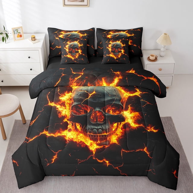 Skull 7 Pcs Comforter Set,Mystic Gothic Skeleton Red Flame Bedding Set,Natural Disaster Volcano Eruption Lava 3D Print Bed Set(Comforter+Fitted+Flat Sheet+Pillowcases+Pillow Covers),King