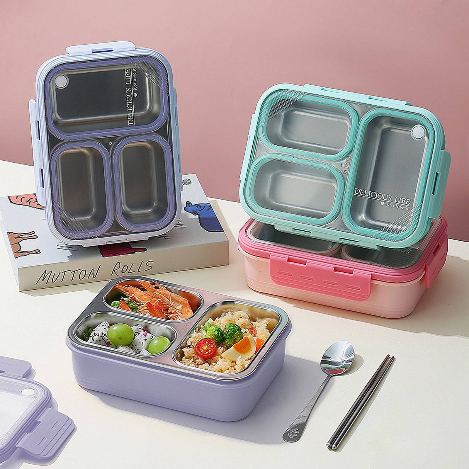 Stainless Steel Adults Bento Box Leak-resistant Lunch Box Containers Snack Containers 3-Compartment Snack Tray Soup Bowl with Lid Spoon Chopsticks Dishwasher Safe green