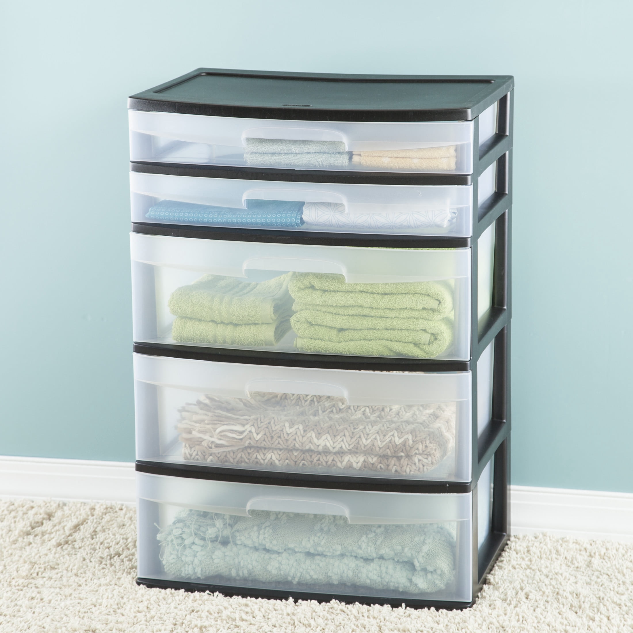 Sterilite 5 Drawer Wide Tower, with both Shallow and Deep Clear Plastic Drawers, Black