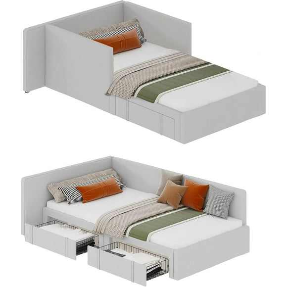 Twin daybed with 2 storage drawers, Corner Bed frame with Extended headboard and Bed Rails, Velvet Upholstered Sofa Bed with Guardrail for Bedroom, Guest Room, Adjustable installation, Light Gr