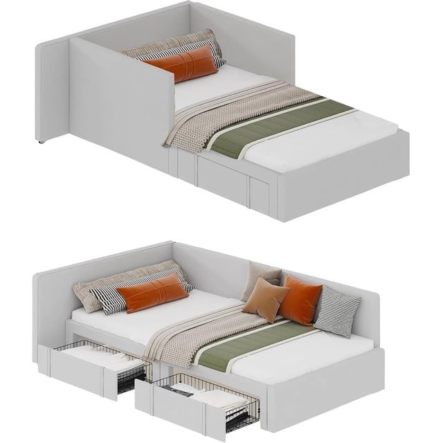 Twin daybed with 2 storage drawers, Corner Bed frame with Extended headboard and Bed Rails, Velvet Upholstered Sofa Bed with Guardrail for Bedroom, Guest Room, Adjustable installation, Light Gr