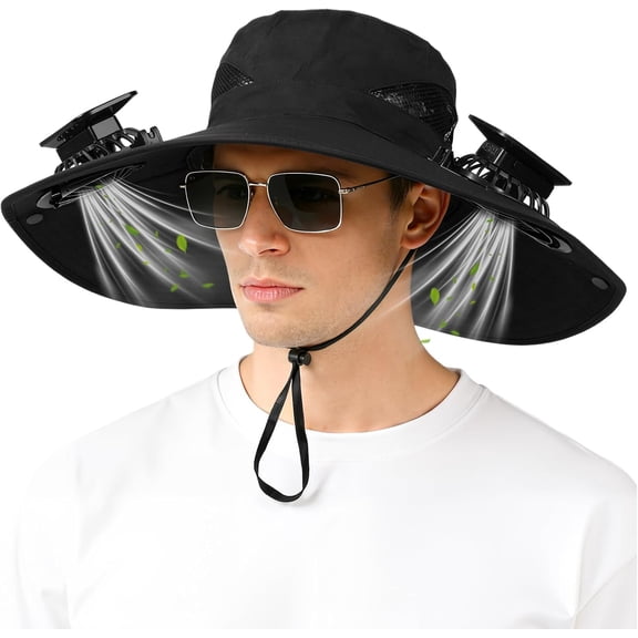Solar Fan Hat with Dual Fans, Wide Brim Sun Hat for Men Women, Solar and USB Powered Cooling Hat with UPF 50 Protection, Hands-Free for Outdoor Fishing Hiking