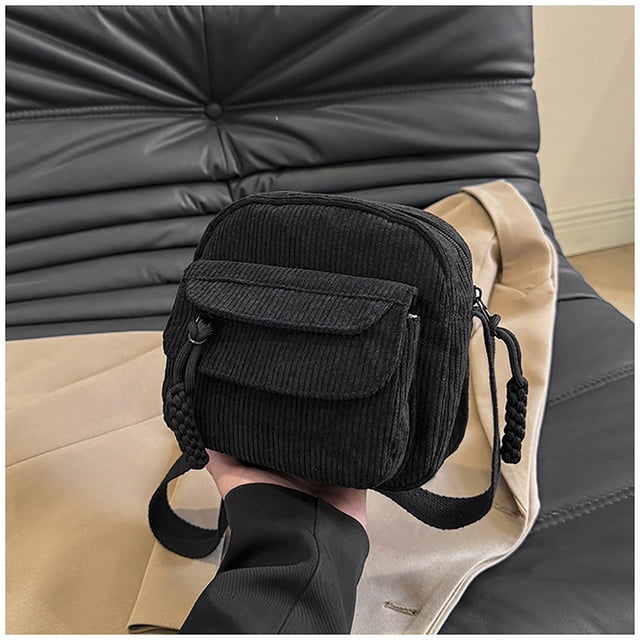 Bolso Bandolera de Pana para Mujer con Cremallera, Moderno Bolso de Tela Informal de Color Liso con Estilo Universitario, Bandolera Pequeña de Un Solo Hombro.