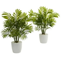 Nearly Natural 19.5" Plastic/Polyester Palms Artificial Plant in White Planter (Set of 2), Green